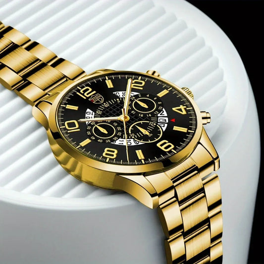 2Pcs/Set Men's Fashion Luxury Watch Round Alloy Analog Mens Watch Casual Quartz Wrist Watch for Men Birthday Father's Day Gift