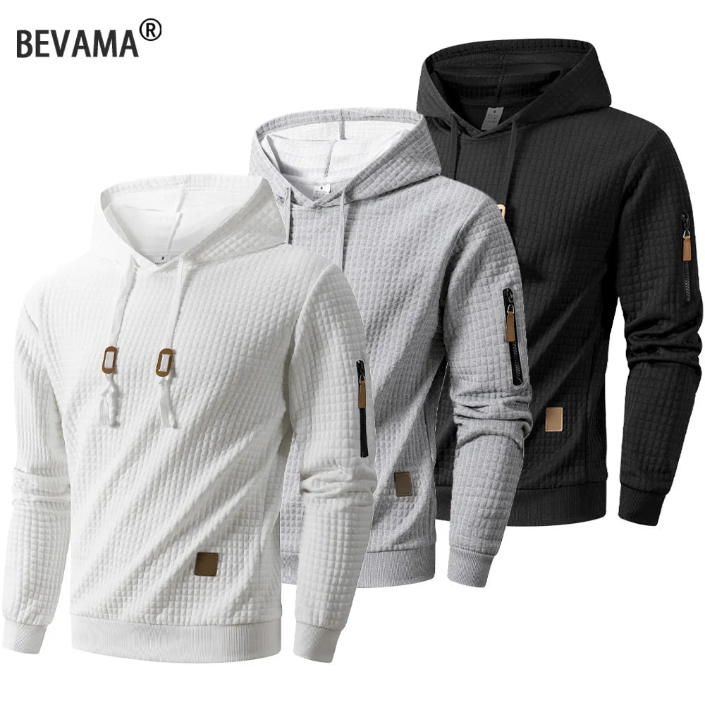 Autumn/Winter Men's Jacquard Plaid Hoodie Men Casual Solid Pullover Hooded Sweatshirt Streetwear Outdoor Sports Running Hoodie