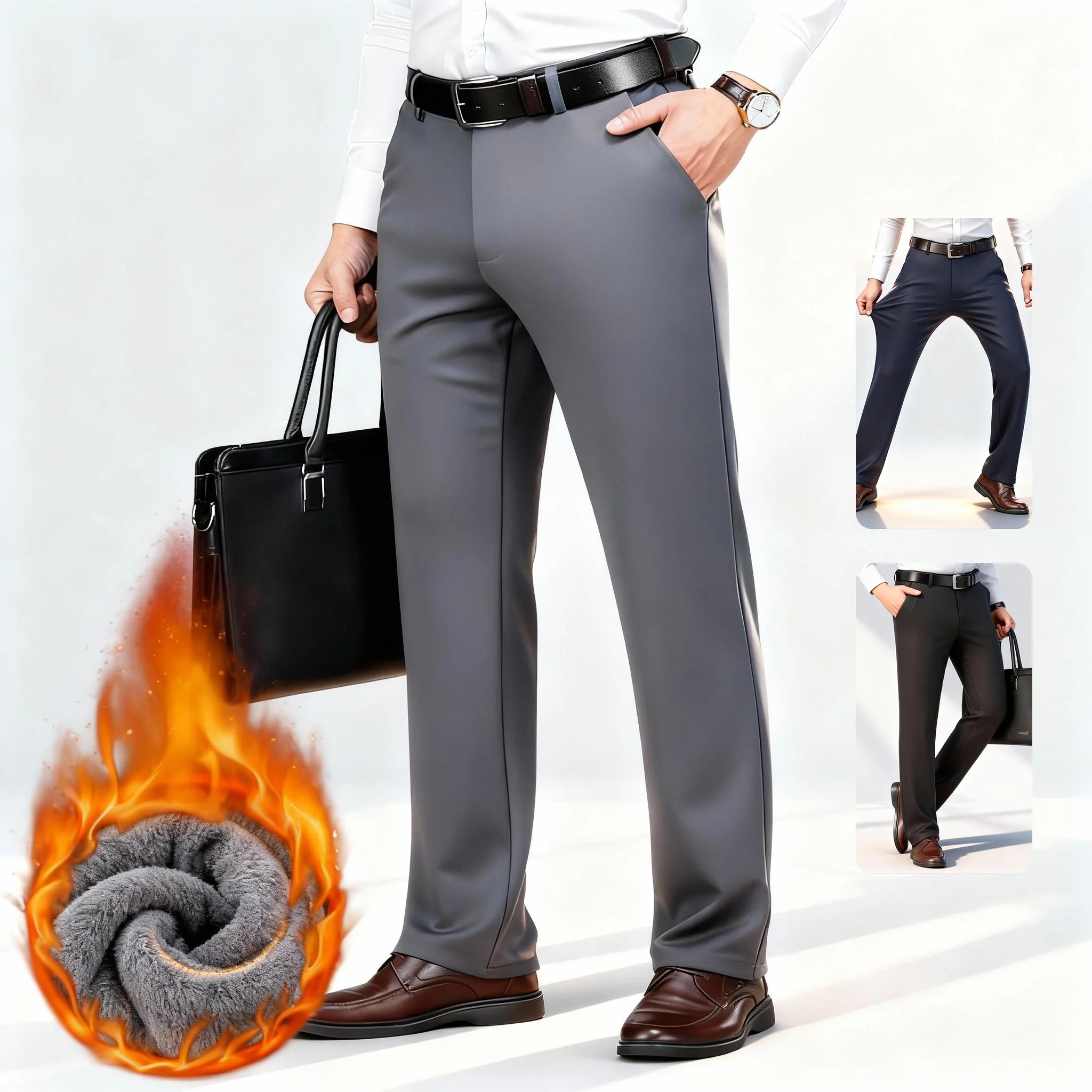 Winter Fleece Warm Business Pants Men Classic Work Office Navy Blue Grey Elastic Waist Formal Suit Thick Trousers Plus Size 40