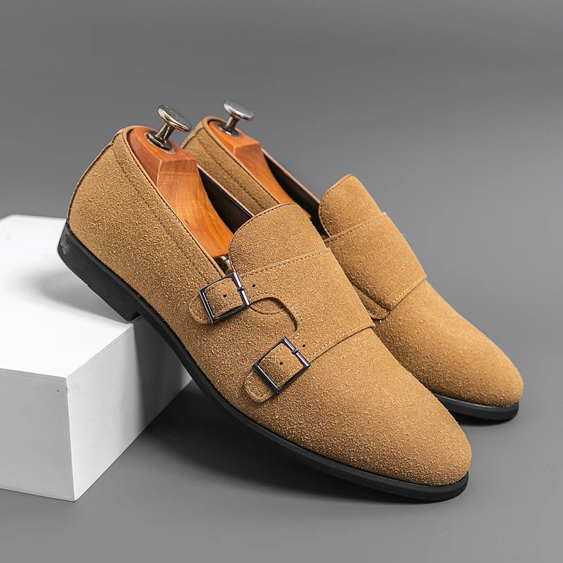 Yellow Double Buckle Monk Shoes Men Comfortable Slip-On Suede Leather Shoes Man Lightweight Flat Men's Dress Shoes Big Size 46