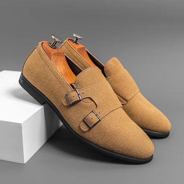 Yellow Double Buckle Monk Shoes Men Comfortable Slip-On Suede Leather Shoes Man Lightweight Flat Men's Dress Shoes Big Size 46