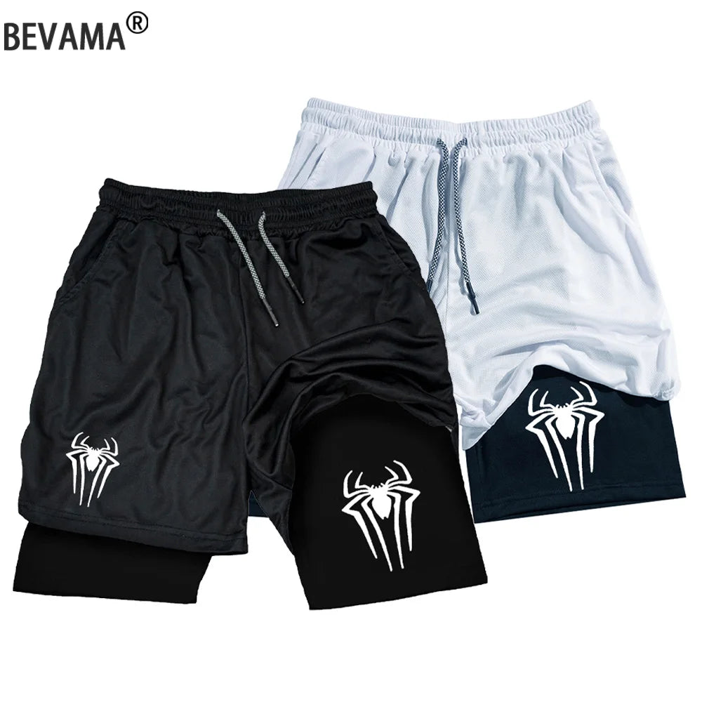 Men's Spider Printed Running Shorts Gym Fitness Sports Compression Shorts Workout Running Mesh 2 in 1 Sport Training Short Pants