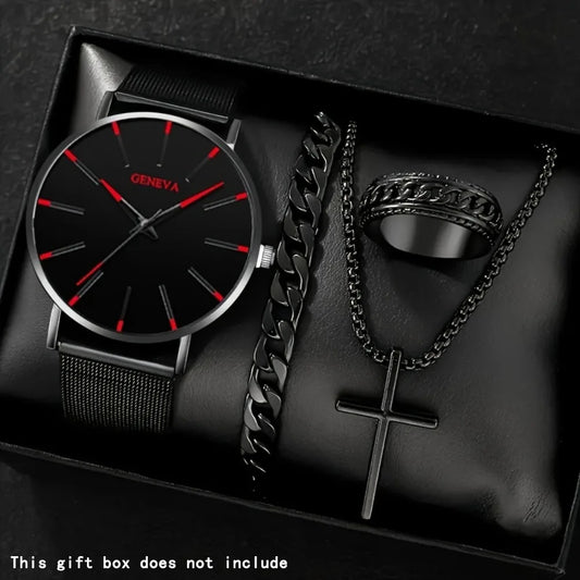 5pcs/set Fashion Men's Quartz Watch Set Classic Pointer Design Alloy Mesh Strap Watch Necklace Bracelet Ring Ideal Gift for Men