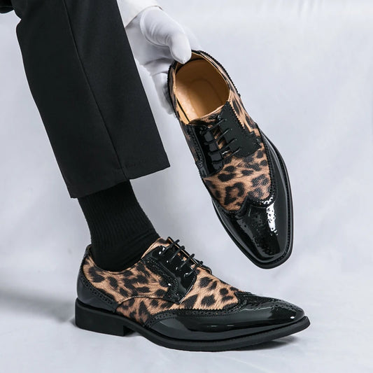 2025 Classic Leopard Dress Shoes Man Comfortable Pointed-Toe Leather Shoes for Men Plus Size 48 Lace-Up Luxury Man Oxford Shoes