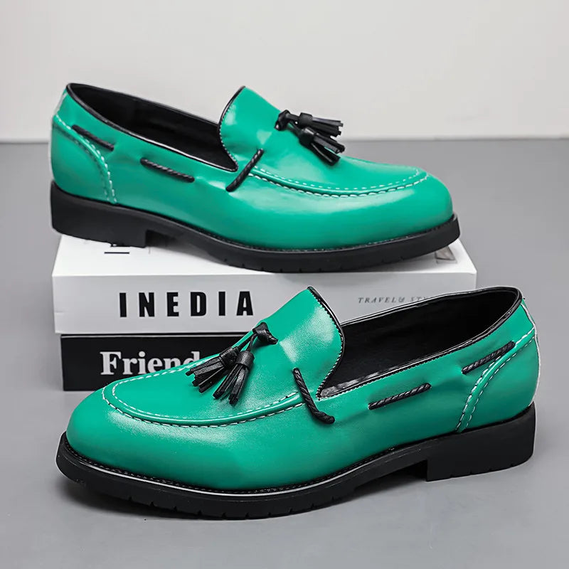 Fashion Tassels Dress Shoes For Men Large Size 46 Leather Mens Loafers Green Slip On Mens Party Shoes Zapatos De Cuero Hombre