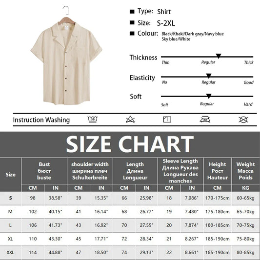 Men's Casual Short Sleeve Shirts Leisure Street Wear Lapel Button-down Solid Color Shirts for Men Vintage Vacation Blouse