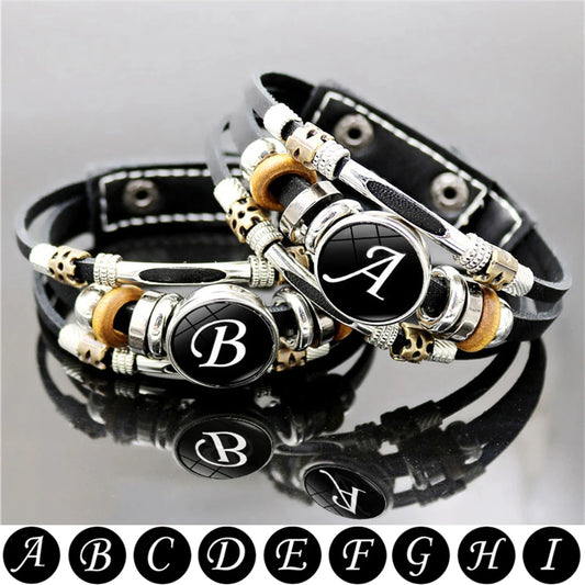26 Letter A-Z Charms for Bracelets ID Name Friendship Black Braided Multilayer Punk Leather Bracelet Men Women Kids Family Gifts