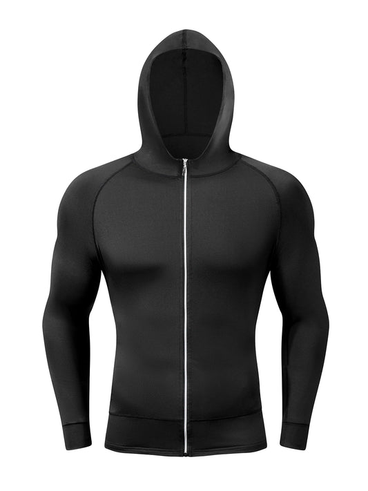 Men's Long Sleeve Hooded T-shirts Outdoor Jogging Casual Training Clothes Gym Fitness Sports Zipper Shirts Pullover Tops Male