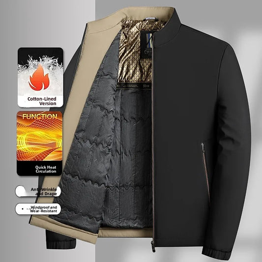Men's Cotton-Enhanced Stand Collar Jacket Autumn Winter Business Casual Warm Windproof Loose Outerwear Polyester Fiber
