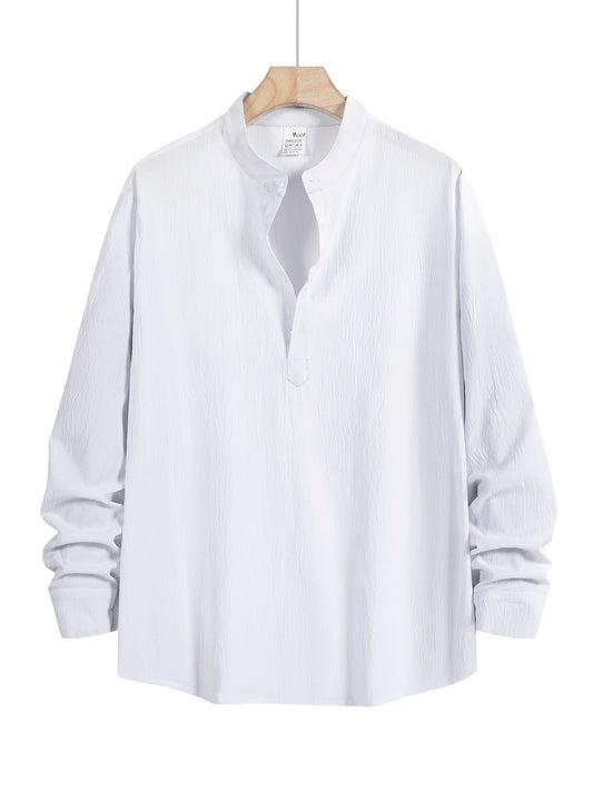 Men's Long-Sleeved Shirt Summer Beach Style Shirts Solid Color Casual Versatile Stand-Up Collar Shirt Male Top