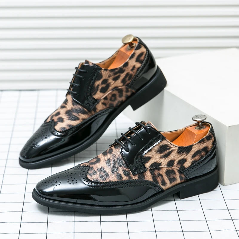 2025 Classic Leopard Dress Shoes Man Comfortable Pointed-Toe Leather Shoes for Men Plus Size 48 Lace-Up Luxury Man Oxford Shoes
