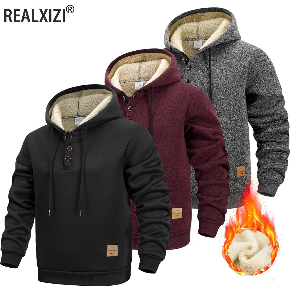 Winter Men's Thickened Warm Hoodies Outdoor Windproof Fleece Lining Long Sleeve Pullover Men Casual Sweatshirt Streetwear