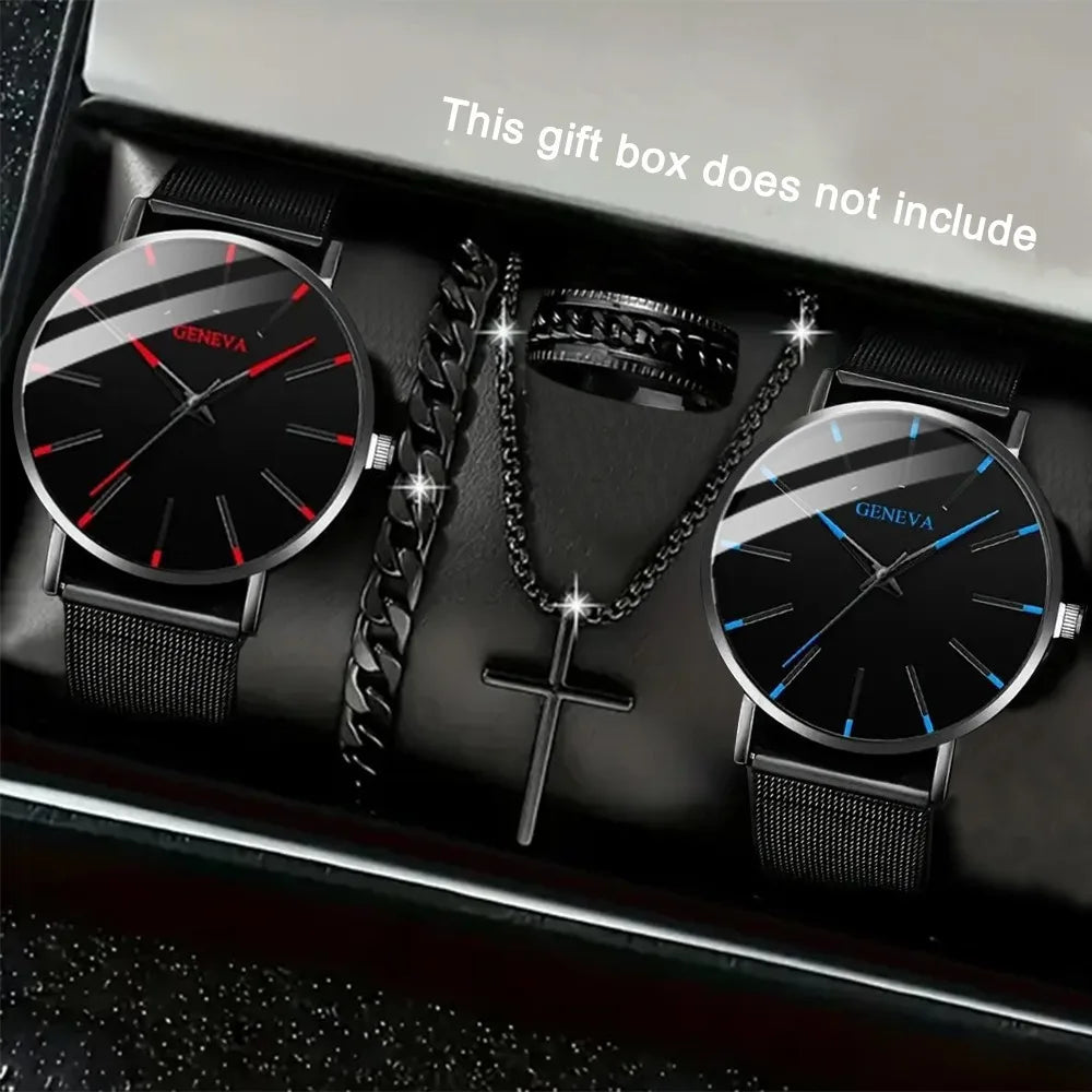 5pcs/set Fashion Men's Quartz Watch Set Classic Pointer Design Alloy Mesh Strap Watch Necklace Bracelet Ring Ideal Gift for Men