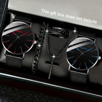 5pcs/set Fashion Men's Quartz Watch Set Classic Pointer Design Alloy Mesh Strap Watch Necklace Bracelet Ring Ideal Gift for Men