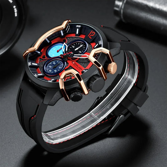 BORUSE 2 Pcs/Set Men's Quartz Watch Bracelet Set Black and Red Silicone Strap Alloy Case Quartz Movement The Ideal Gift for Men