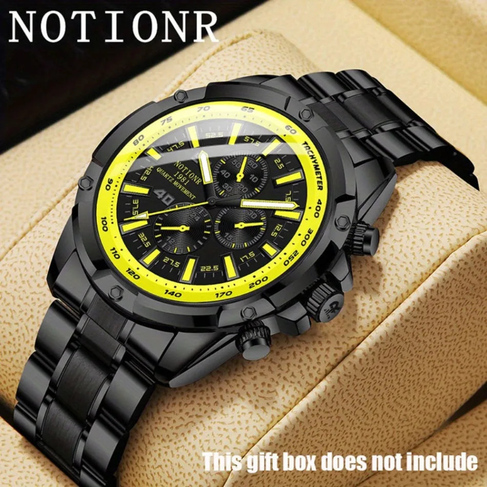 NOTIONR Business Men's Fashion Black & Yellow Dial Quartz Calendar Watches, Luxury Mens Black Stainless Steel Sports Wrist Watch