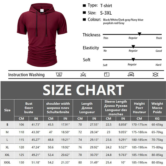 Summer Men's Hooded Sweatwear Casual Short Sleeve Loose T-shirt Solid Color Lightweight Hoodie Fitness Breathable Tops