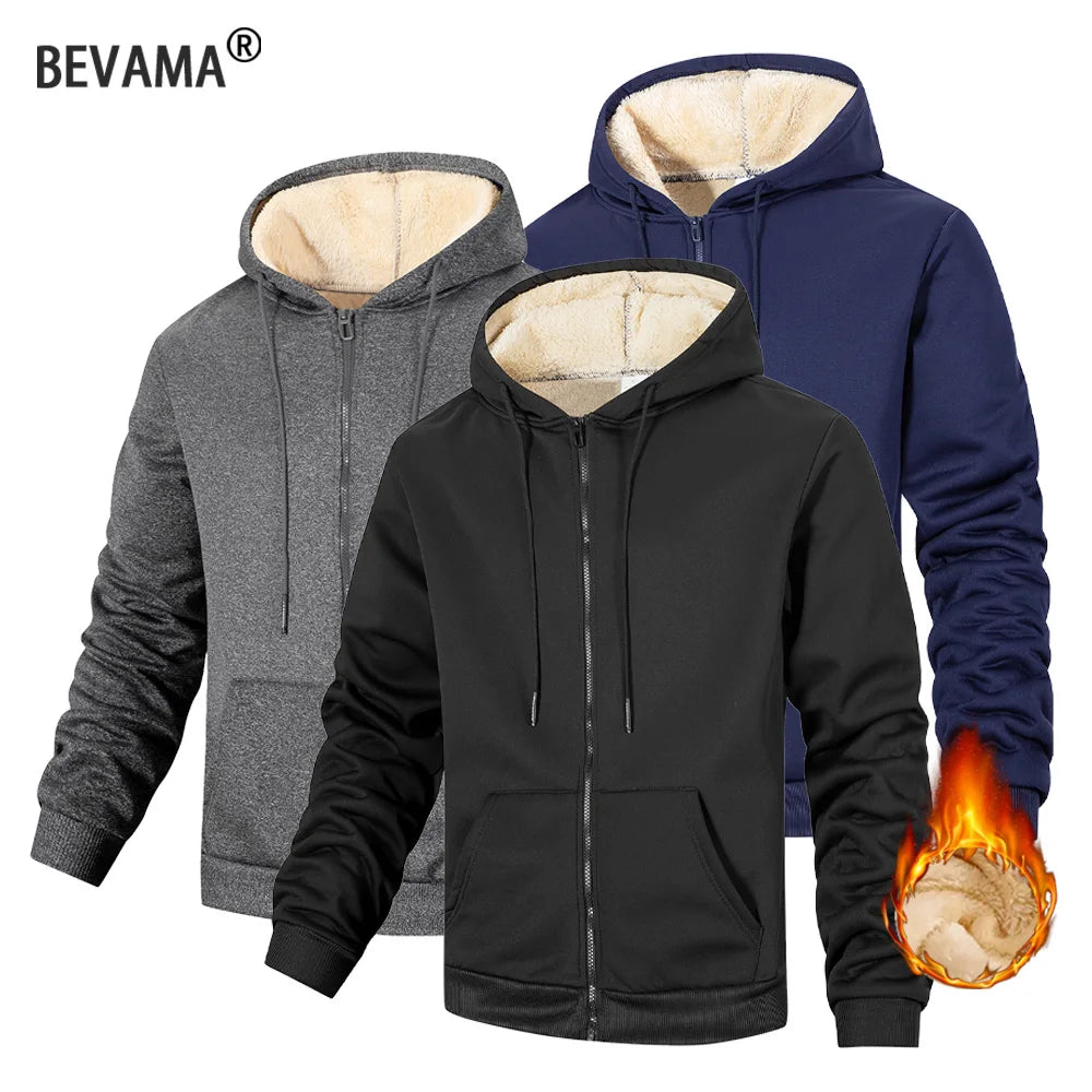 Winter Men's Zipper Hoodies Thicken Warm Jackets Long Sleeve Sweatshirts Casual Sports Fleece Black Coats Hooded Men Coat