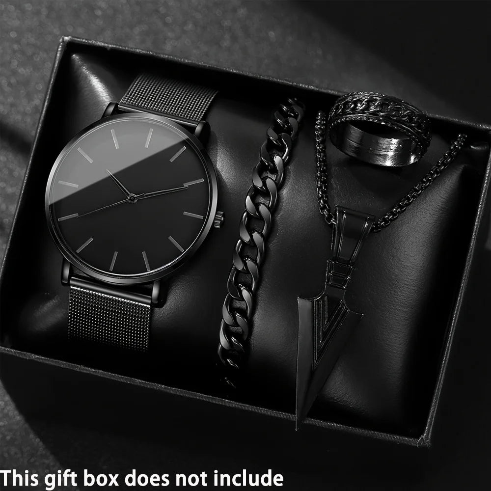4pcs/set, Minimalist Men Fashion Ultra Thin Watches & Triangle Spearhead Necklace Set, Stainless Steel Mesh Belt Quartz Watch