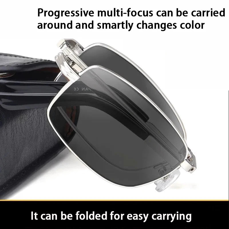 Folding Portable Photochromic Reading Glasses for Men Progressive Multifocal Bifocal Presbyopic Glasses Color-changing Glasses