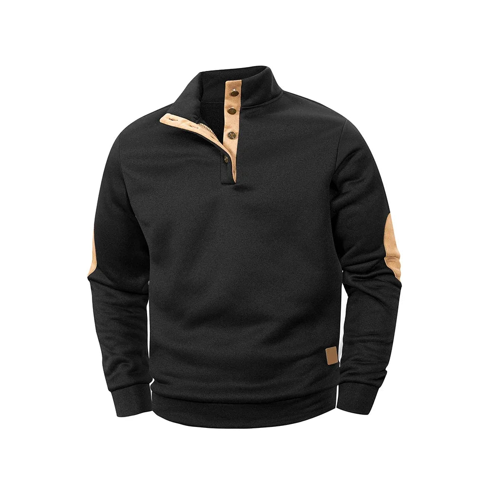Men's Warm Sweater Outdoor Leisure Button Stand up Neck Spliced Loose Pullover Sweatshirts Casual Outdoor Streetwear for Men