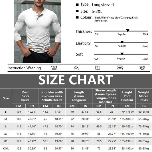 Men's Long Sleeved Henley Neck T-shirt Slim Fit Bottoming Shirt Fitness Tops Tees Button Neck Casual Cozy Tshirt