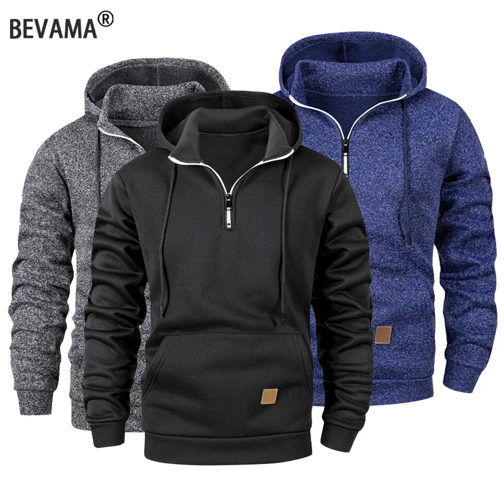 Men's Half Zip Hoodies Pullover Long Sleeve Sweatshirt Male Casual Solid Color Sports Hooded Men Streetwear Warm Top