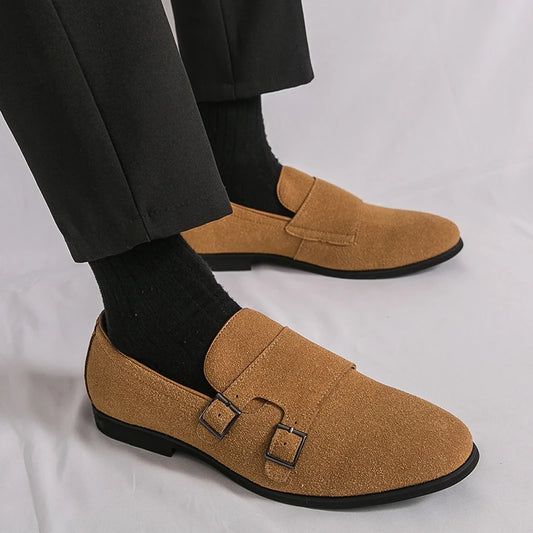 Yellow Double Buckle Monk Shoes Men Comfortable Slip-On Suede Leather Shoes Man Lightweight Flat Men's Dress Shoes Big Size 46
