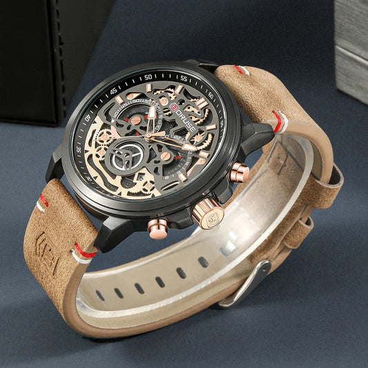 Luxurious BORUSE 2pieces Men's Quartz Watch and Necklace Set Brown Pu Leather Strap Round Dial Date For Men Ramadan Best Gifts