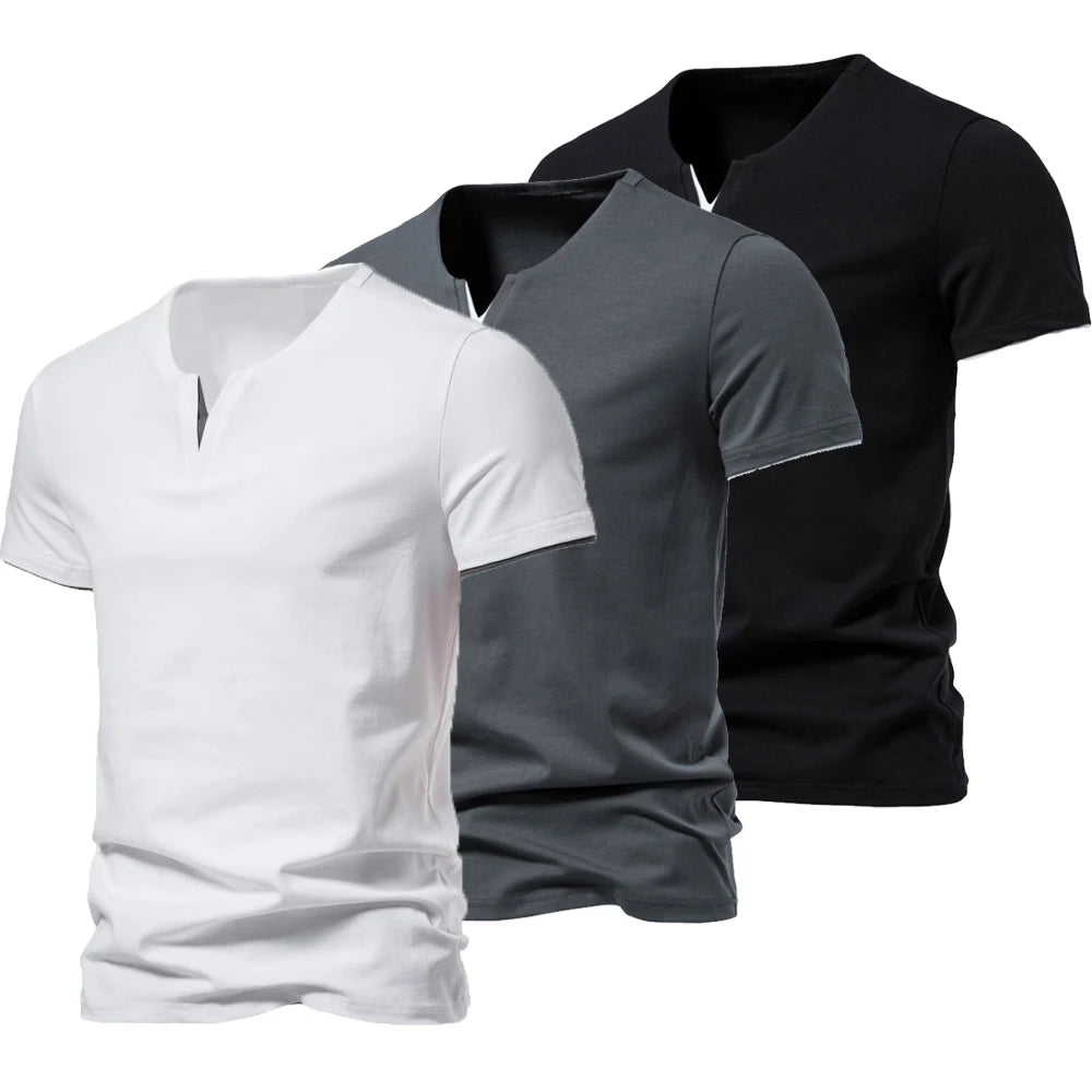 Men's T-shirt Summer Henley V-neck Short Sleeve Men Casual Slim Fit Basic Loose Fitness Sports Breathable Top