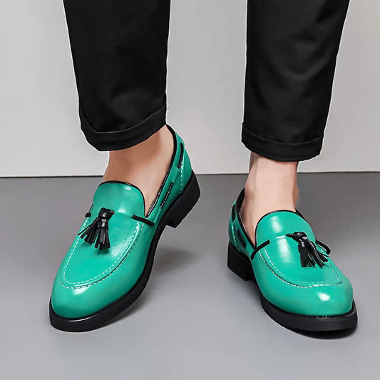 Fashion Tassels Dress Shoes For Men Large Size 46 Leather Mens Loafers Green Slip On Mens Party Shoes Zapatos De Cuero Hombre