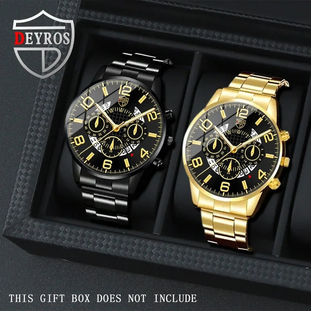 2Pcs/Set Men's Fashion Luxury Watch Round Alloy Analog Mens Watch Casual Quartz Wrist Watch for Men Birthday Father's Day Gift