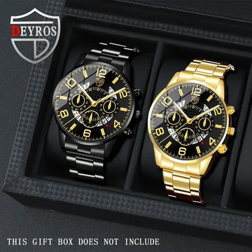 2Pcs/Set Men's Fashion Luxury Watch Round Alloy Analog Mens Watch Casual Quartz Wrist Watch for Men Birthday Father's Day Gift