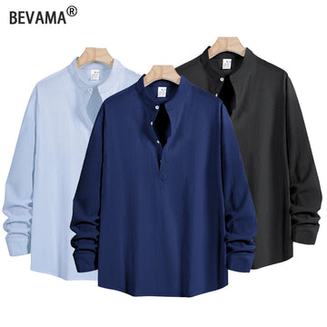 Men's Long-Sleeved Shirt Summer Beach Style Shirts Solid Color Casual Versatile Stand-Up Collar Shirt Male Top