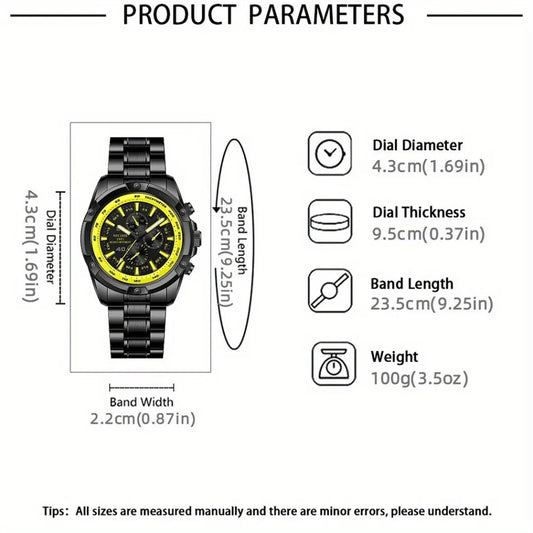 NOTIONR Business Men's Fashion Black & Yellow Dial Quartz Calendar Watches, Luxury Mens Black Stainless Steel Sports Wrist Watch