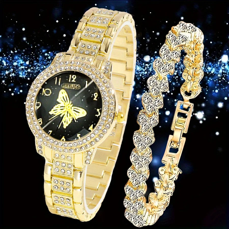 2pcs Women'S Watch & Bracelet Set - Elegant Quartz Watch with Matching Bracelet, Casual Light Luxury Jewelry Gift for Women