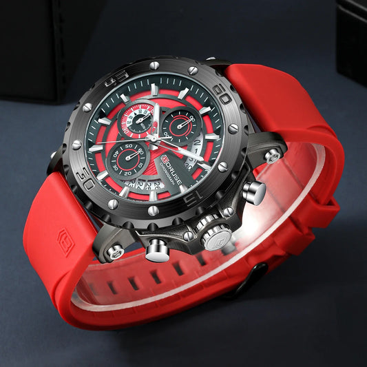 BORUSE 2pcs Luxury Men Red Watches for Man Silicone Strap Quartz Wristwatch and Necklace Set Male Sport Reloj Hombre A Good Gift
